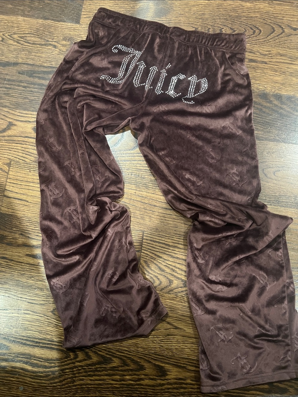 Juicy Couture Chocolate Brown Velour Wide Leg Pants with Rhinestone Logo